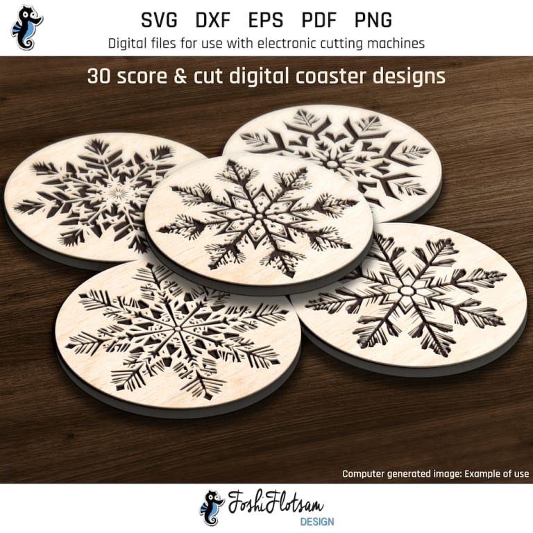 First 5 of 30 Christmas snowflake coasters included in this coaster SVG bundle.